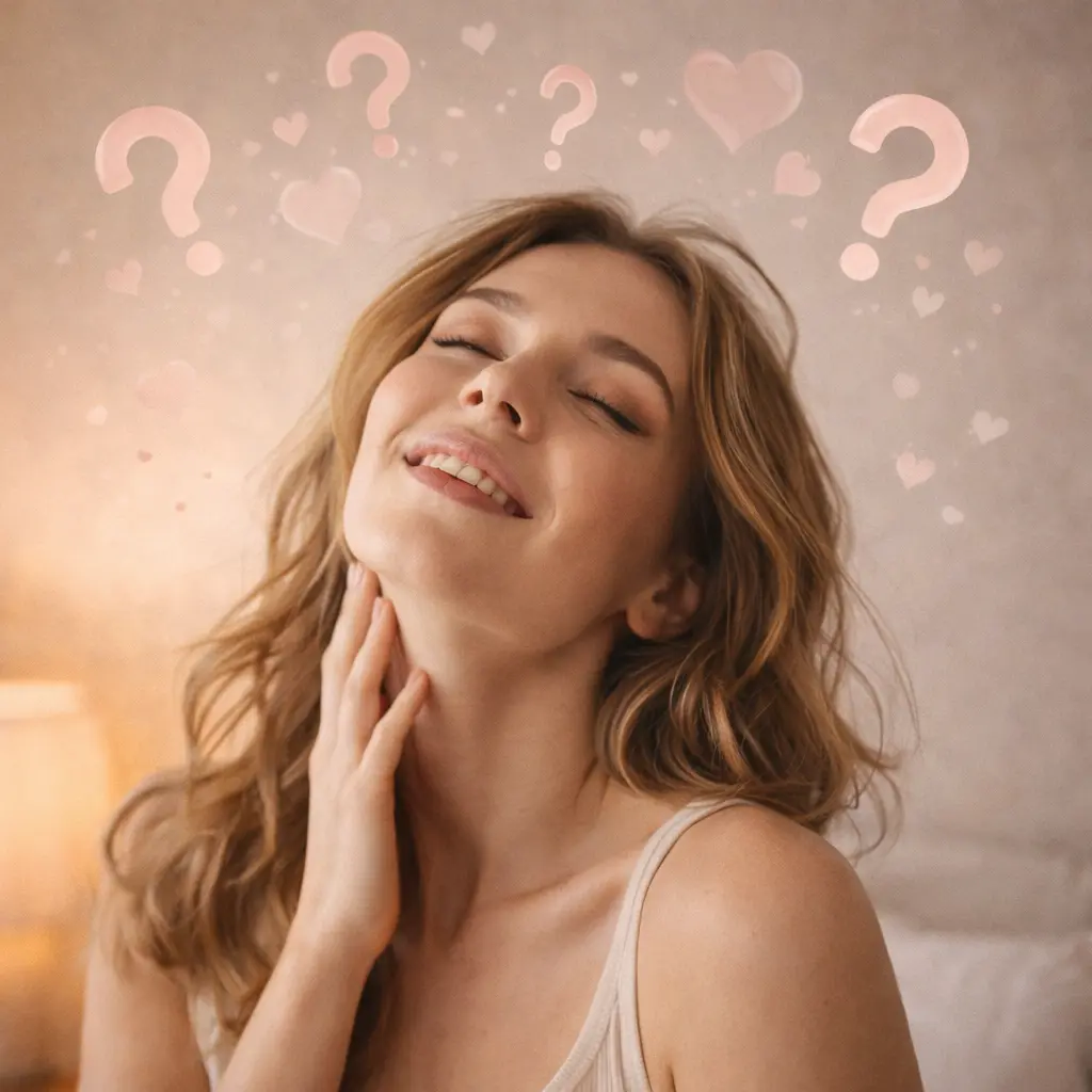 Ritratto luminoso di una donna serena e soddisfatta che riflette sul piacere legato ai sex toys sotto 30 euro e ai giochi sul sesso