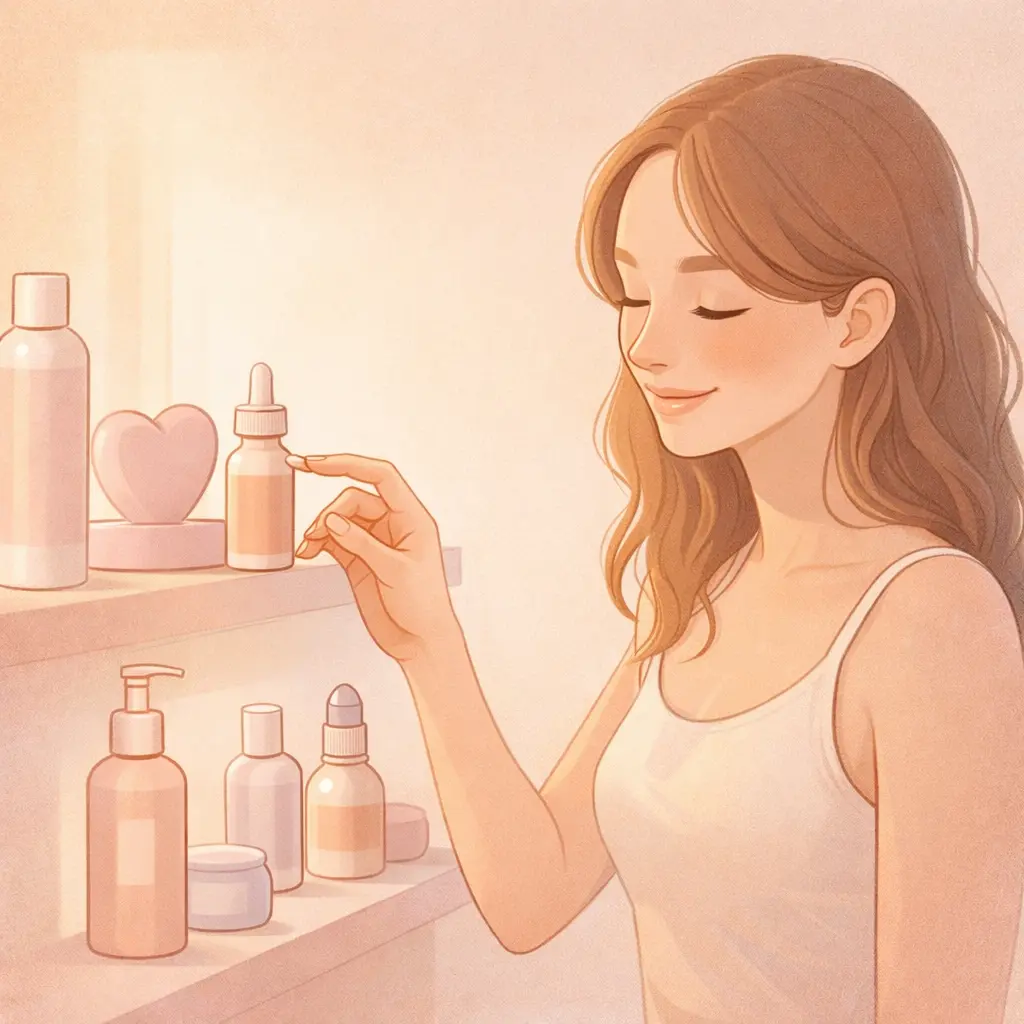 Donna sorridente che sceglie prodotti di benessere legati ai sex toys sotto 30 euro e ai giochi sul sesso in modo elegante e concettuale