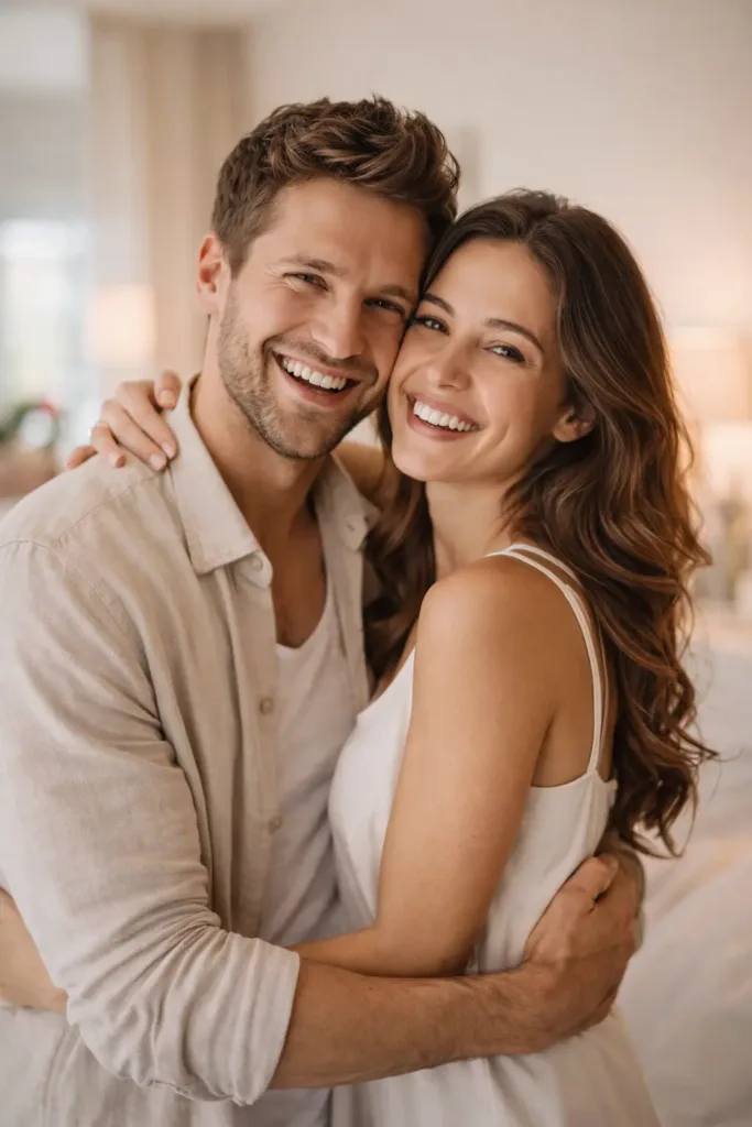 Coppia adulta felice che sorride insieme in casa, simbolo di complicità e utilizzo consapevole di sex toys sotto i 30€