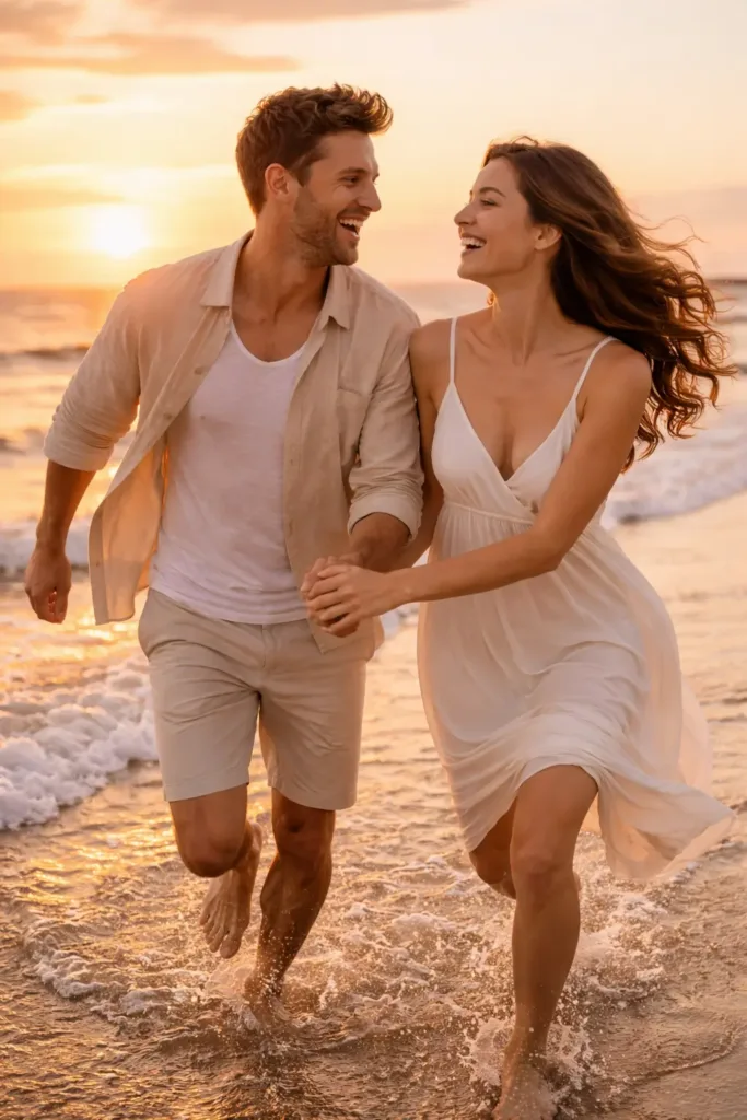 Coppia adulta felice che corre mano nella mano sulla spiaggia al tramonto, atmosfera romantica e luminosa