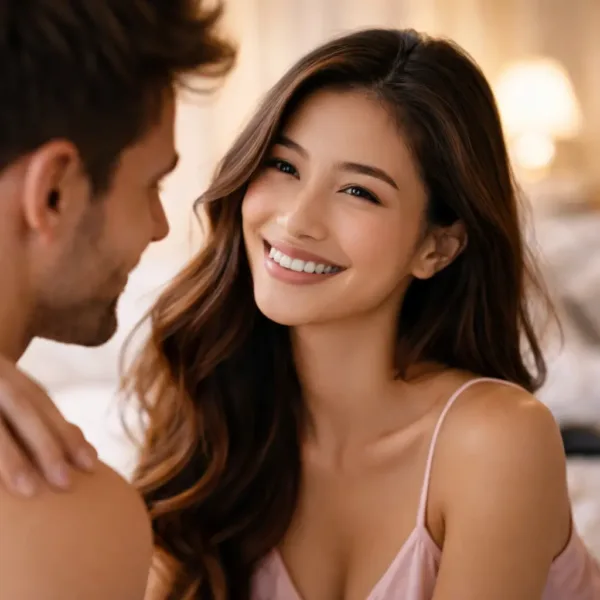 Donna sorridente guarda il partner in un momento romantico e intimo, atmosfera calda e naturale