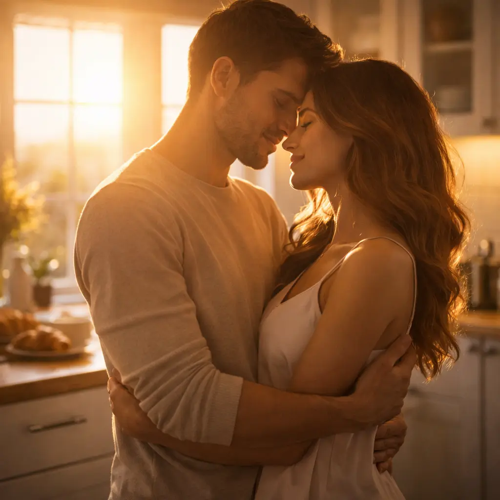 Coppia romantica in cucina con luce solare calda, atmosfera intima e complice legata ai sex toys per coppia Lovense 2026