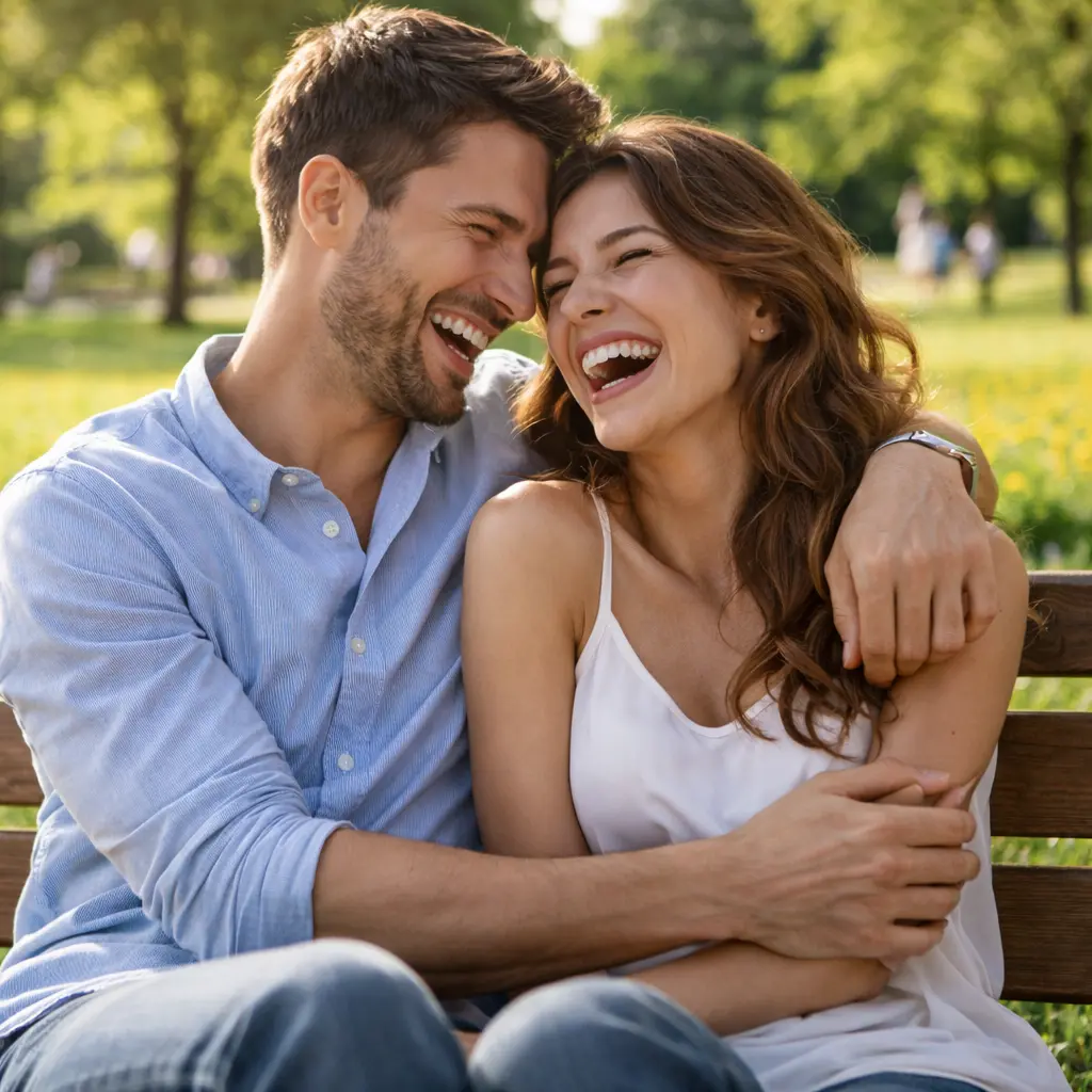 Coppia felice seduta su una panchina in una giornata di sole, simbolo di complicità e benessere intimo legato ai sex toys per coppia Lovense 2026