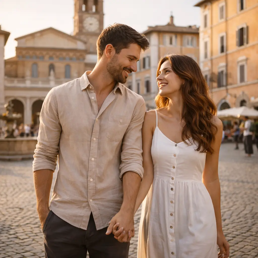 Coppia romantica che si tiene per mano in una piazza italiana, simbolo di intimità e connessione nei sex toys per coppia Lovense 2026