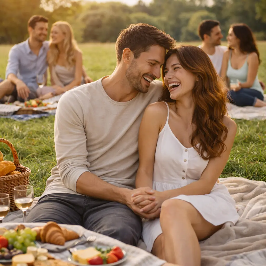 Coppie sedute su un prato durante un picnic romantico in stile Lovense 2026 con atmosfera complice e riferimento ai sex toys smart per la relazione di coppia