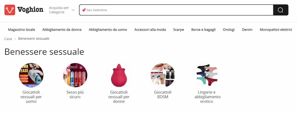 Panoramica della categoria benessere sessuale Voghion con sex toys sotto 30 euro e giochi sul sesso per uomo e donna