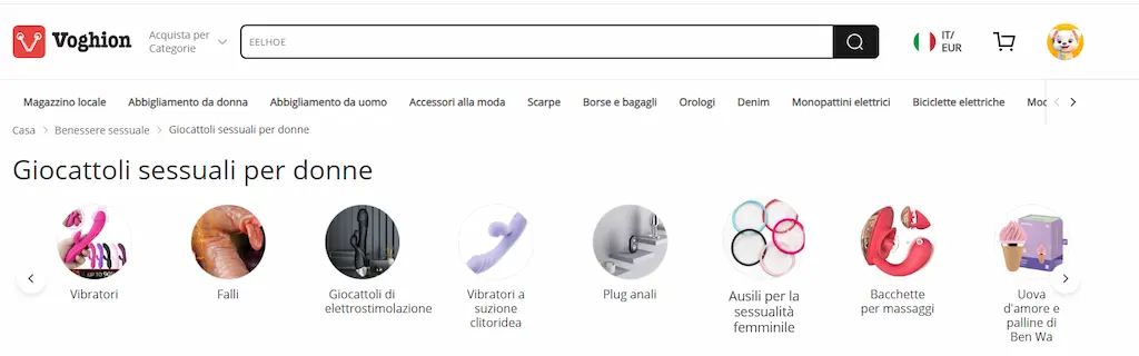Categoria giocattoli sessuali per donne su Voghion con sex toys sotto 30 euro e giochi sul sesso femminili tra vibratori, plug e accessori