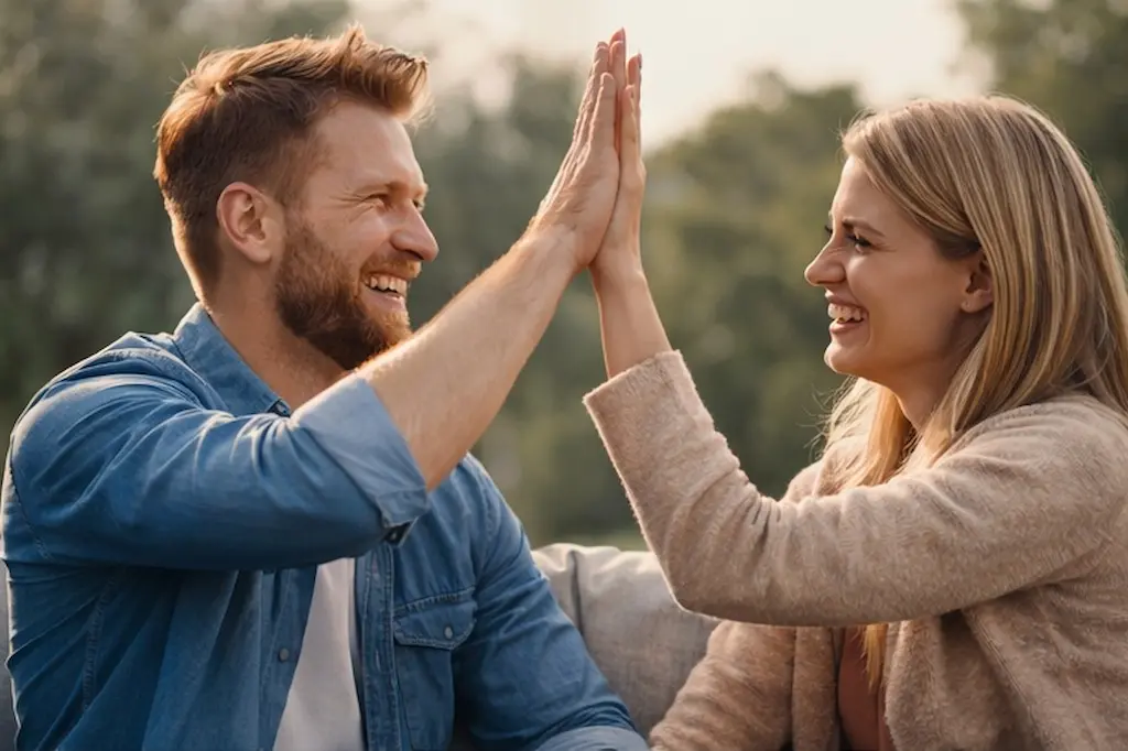 Partner sorridenti che si danno il cinque simbolo del divertimento con sex toys per coppia Lovense 2026